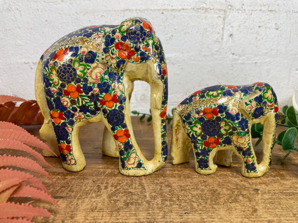 Set Family Hand Carved Wooden Indian Kashmiri Hand Painted Elephant Statue Gift