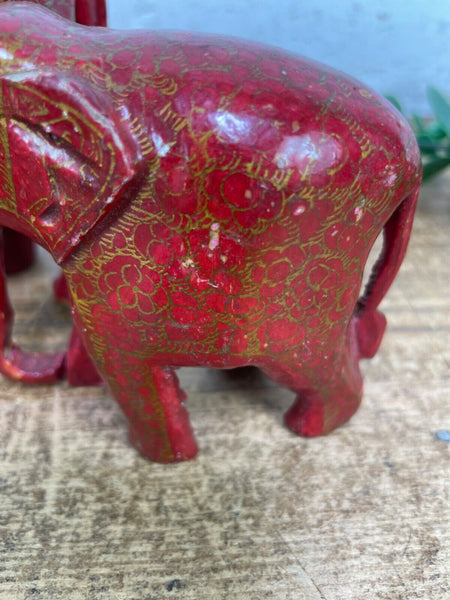 Set Family Hand Carved Wooden Indian Kashmiri Hand Painted Elephant Statue Gift
