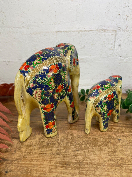 Set Family Hand Carved Wooden Indian Kashmiri Hand Painted Elephant Statue Gift