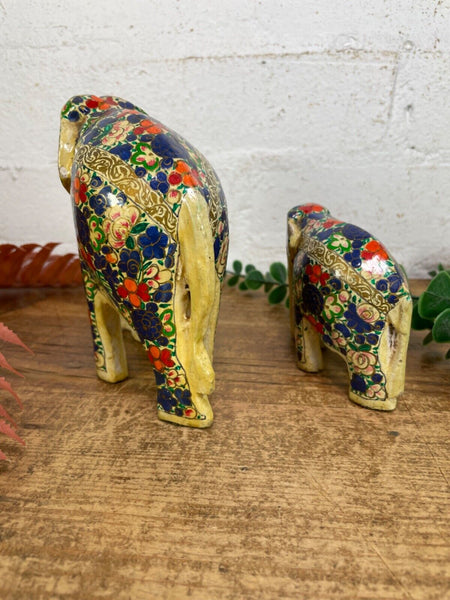 Set Family Hand Carved Wooden Indian Kashmiri Hand Painted Elephant Statue Gift