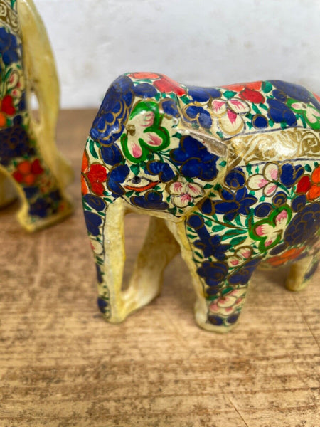 Set Family Hand Carved Wooden Indian Kashmiri Hand Painted Elephant Statue Gift