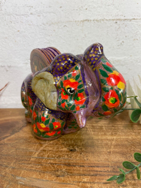 Vintage Kashmiri Paper Mache Elephant Floral Hand Painted Drinks Coaster Set