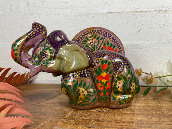 Vintage Kashmiri Paper Mache Elephant Floral Hand Painted Drinks Coaster Set