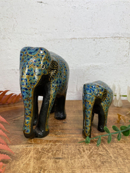 Set Family Hand Carved Wooden Indian Kashmiri Hand Painted Elephant Statue Gift