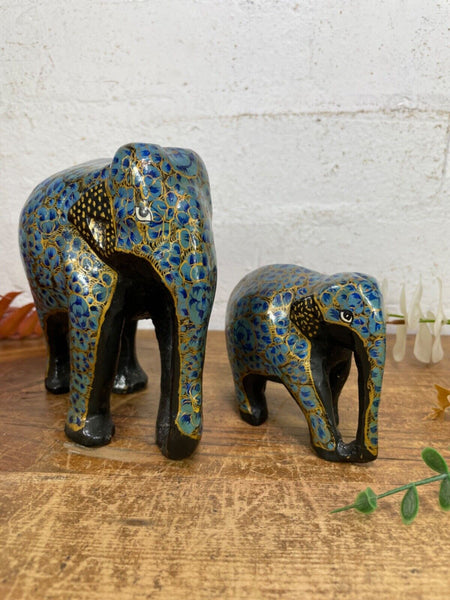 Set Family Hand Carved Wooden Indian Kashmiri Hand Painted Elephant Statue Gift