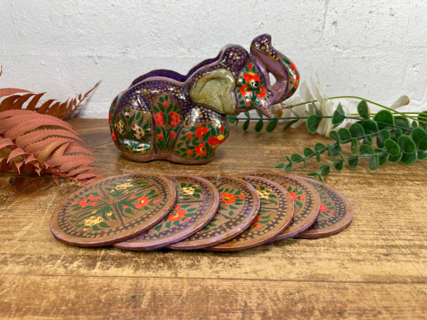 Vintage Kashmiri Paper Mache Elephant Floral Hand Painted Drinks Coaster Set