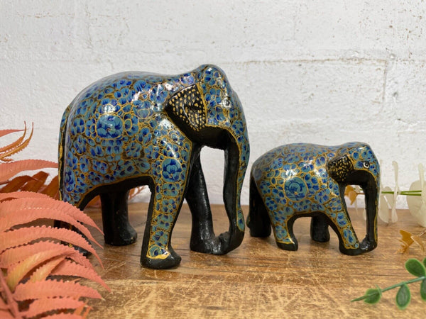 Set Family Hand Carved Wooden Indian Kashmiri Hand Painted Elephant Statue Gift