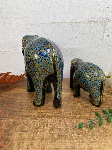 Set Family Hand Carved Wooden Indian Kashmiri Hand Painted Elephant Statue Gift