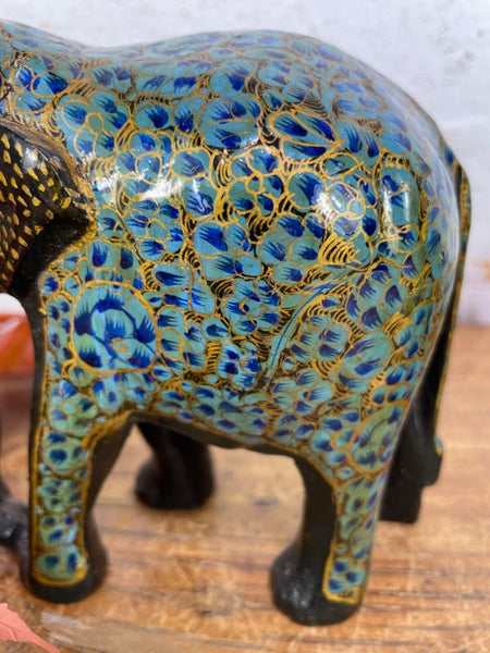 Set Family Hand Carved Wooden Indian Kashmiri Hand Painted Elephant Statue Gift