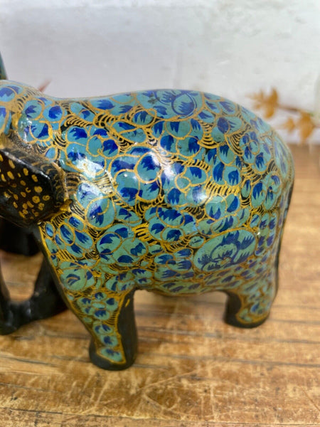 Set Family Hand Carved Wooden Indian Kashmiri Hand Painted Elephant Statue Gift