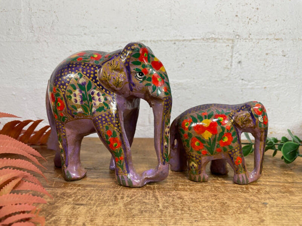 Set Family Hand Carved Wooden Indian Kashmiri Hand Painted Elephant Statue Gift