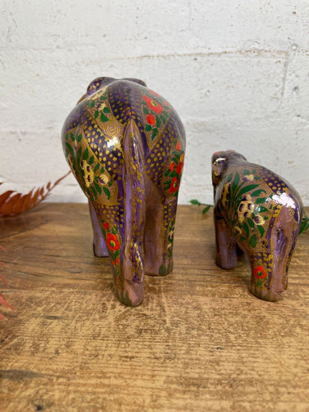 Set Family Hand Carved Wooden Indian Kashmiri Hand Painted Elephant Statue Gift