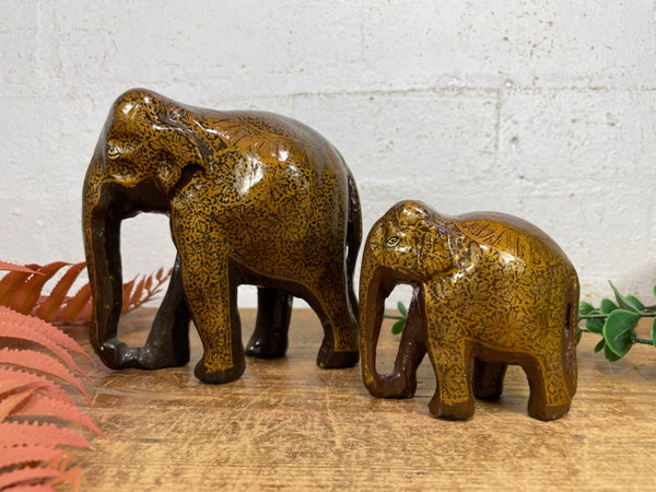 Set Family Hand Carved Wooden Indian Kashmiri Hand Painted Elephant Statue Gift