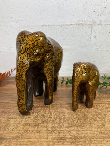 Set Family Hand Carved Wooden Indian Kashmiri Hand Painted Elephant Statue Gift