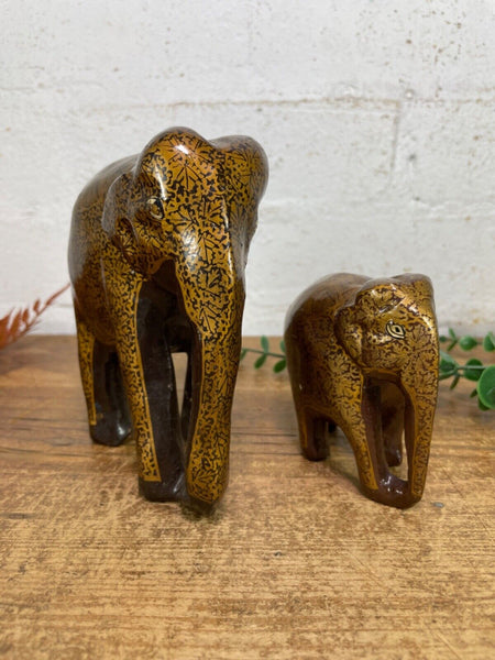 Set Family Hand Carved Wooden Indian Kashmiri Hand Painted Elephant Statue Gift