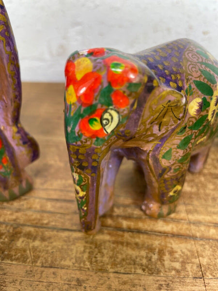 Set Family Hand Carved Wooden Indian Kashmiri Hand Painted Elephant Statue Gift