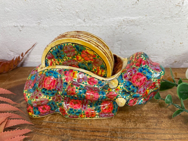 Vintage Kashmiri Paper Mache Elephant Floral Hand Painted Drinks Coaster Set