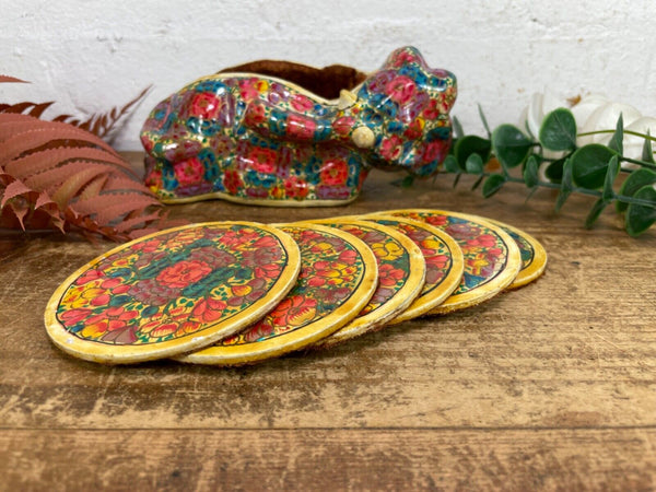 Vintage Kashmiri Paper Mache Elephant Floral Hand Painted Drinks Coaster Set