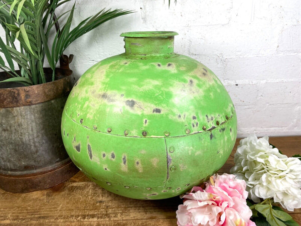 Authentic Indian Green Rustic Hand Made Riveted Water Pot Dry Flower Vase