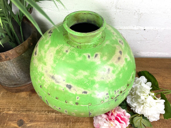 Authentic Indian Green Rustic Hand Made Riveted Water Pot Dry Flower Vase