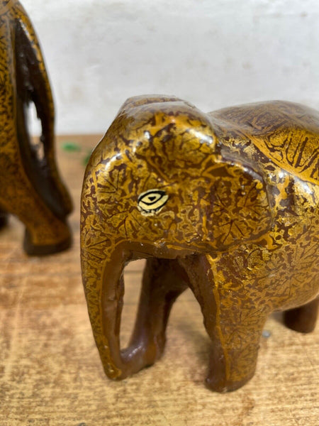 Set Family Hand Carved Wooden Indian Kashmiri Hand Painted Elephant Statue Gift