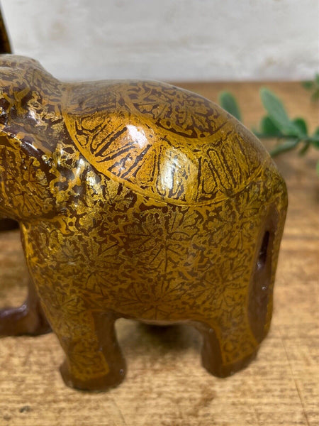 Set Family Hand Carved Wooden Indian Kashmiri Hand Painted Elephant Statue Gift