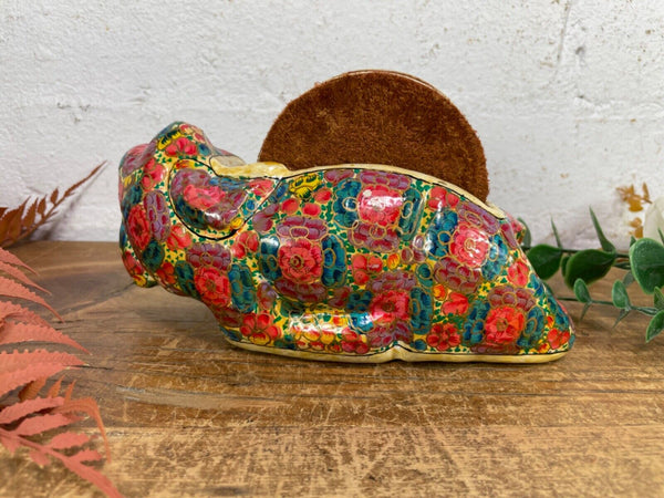 Vintage Kashmiri Paper Mache Elephant Floral Hand Painted Drinks Coaster Set
