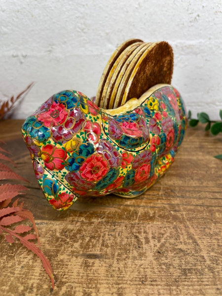 Vintage Kashmiri Paper Mache Elephant Floral Hand Painted Drinks Coaster Set