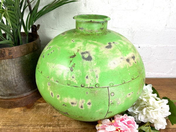 Authentic Indian Green Rustic Hand Made Riveted Water Pot Dry Flower Vase