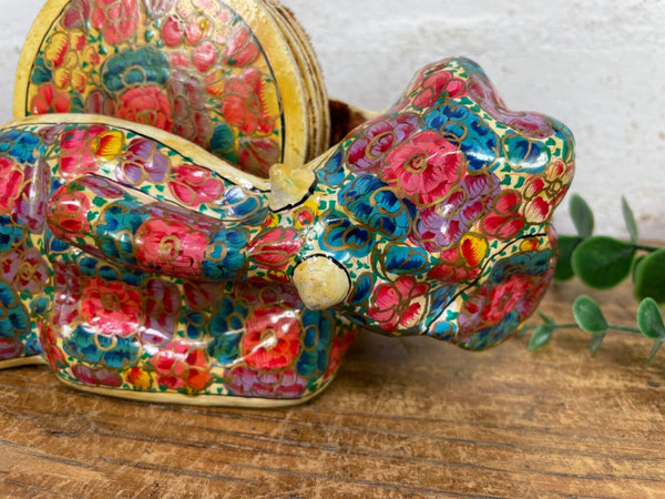 Vintage Kashmiri Paper Mache Elephant Floral Hand Painted Drinks Coaster Set