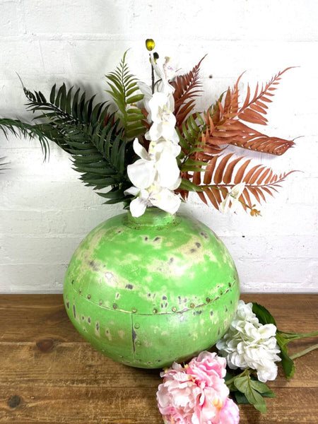 Authentic Indian Green Rustic Hand Made Riveted Water Pot Dry Flower Vase