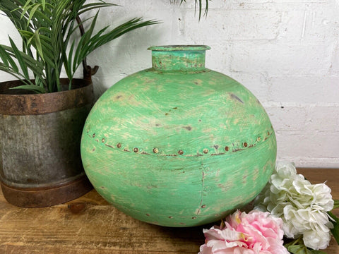 Authentic Indian Green Rustic Hand Made Riveted Water Pot Dry Flower Vase