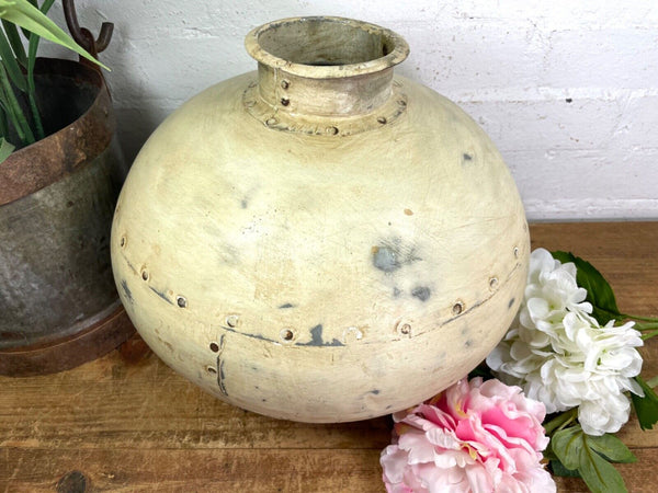 Authentic Indian White Rustic Hand Made Riveted Water Pot Dry Flower Vase