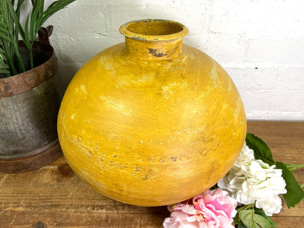 Authentic Indian Yellow Rustic Hand Made Riveted Water Pot Dry Flower Vase