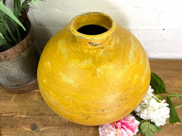 Authentic Indian Yellow Rustic Hand Made Riveted Water Pot Dry Flower Vase