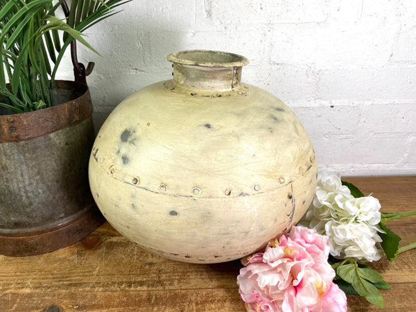 Authentic Indian White Rustic Hand Made Riveted Water Pot Dry Flower Vase