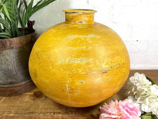 Authentic Indian Yellow Rustic Hand Made Riveted Water Pot Dry Flower Vase