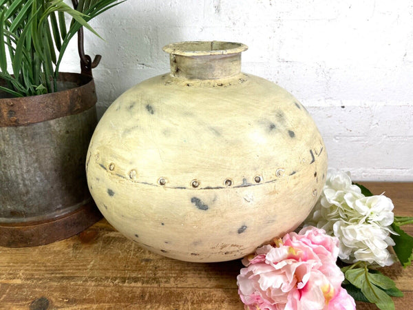Authentic Indian White Rustic Hand Made Riveted Water Pot Dry Flower Vase