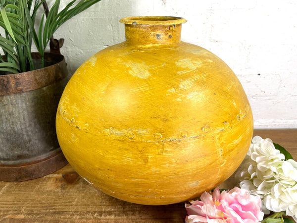 Authentic Indian Yellow Rustic Hand Made Riveted Water Pot Dry Flower Vase
