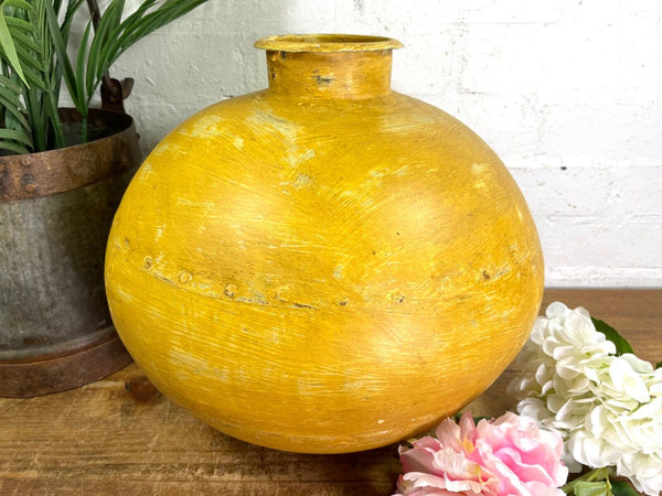 Authentic Indian Yellow Rustic Hand Made Riveted Water Pot Dry Flower Vase