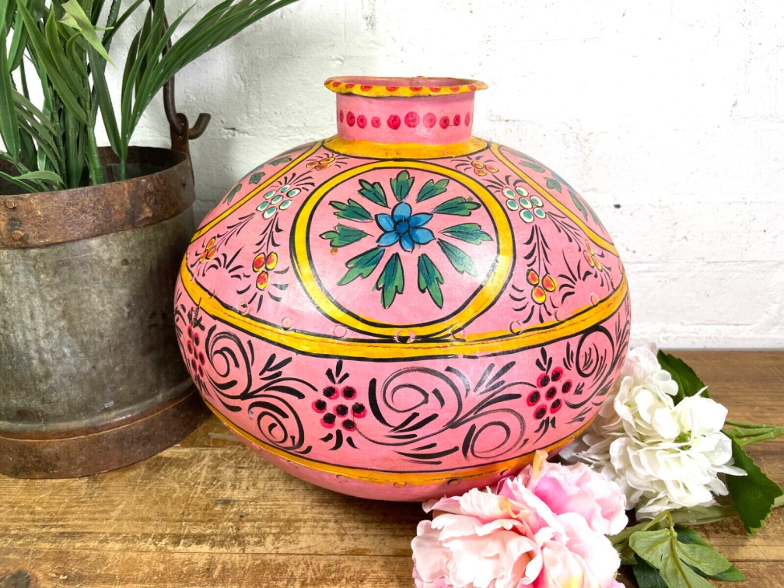 Vintage Large Indian Metal Hand Painted Riveted Water Bowl Pot Dry Flower Vase