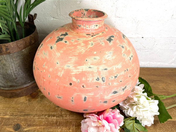 Authentic Indian Pink Rustic Hand Made Riveted Water Pot Dry Flower Vase