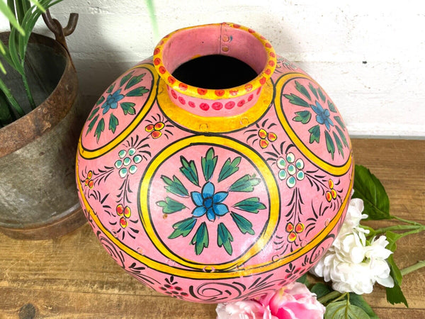 Vintage Large Indian Metal Hand Painted Riveted Water Bowl Pot Dry Flower Vase
