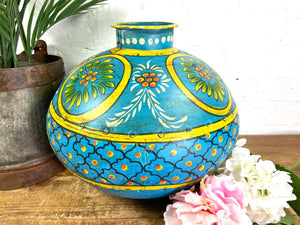 Vintage Large Indian Metal Hand Painted Riveted Water Bowl Pot Dry Flower Vase