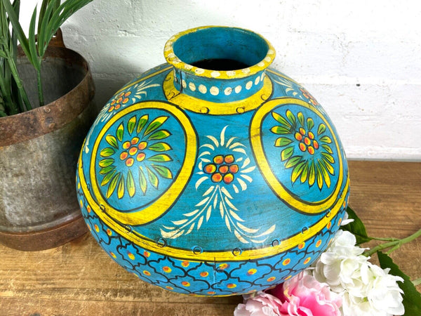 Vintage Large Indian Metal Hand Painted Riveted Water Bowl Pot Dry Flower Vase