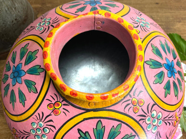 Vintage Large Indian Metal Hand Painted Riveted Water Bowl Pot Dry Flower Vase