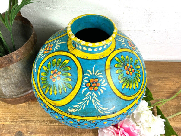 Vintage Large Indian Metal Hand Painted Riveted Water Bowl Pot Dry Flower Vase