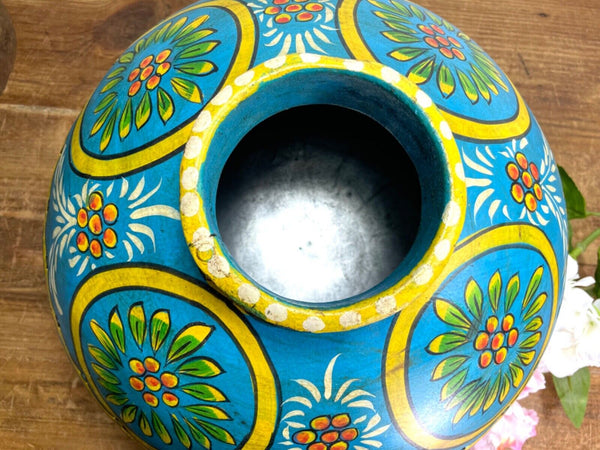 Vintage Large Indian Metal Hand Painted Riveted Water Bowl Pot Dry Flower Vase
