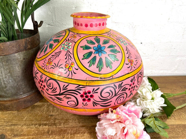 Vintage Large Indian Metal Hand Painted Riveted Water Bowl Pot Dry Flower Vase