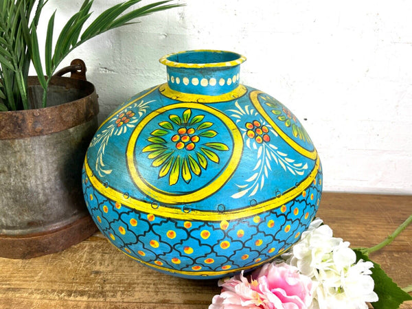Vintage Large Indian Metal Hand Painted Riveted Water Bowl Pot Dry Flower Vase